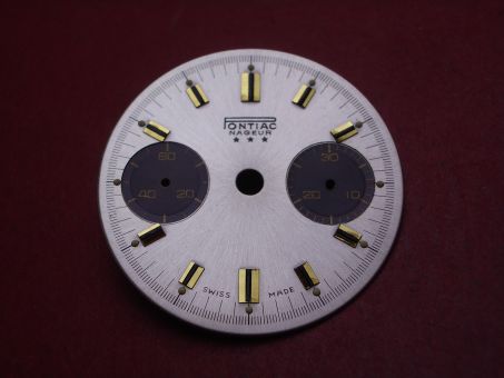 Landeron Chronographen-Zifferblatt, Ø 29mm, silber mit goldfarbigen Inlays, für Kaliber 11, 13, 47, 48, 49 uvm., NOS (New Old Stock) 