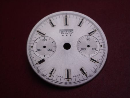 Landeron Chronographen-Zifferblatt, Ø 29mm, silber mit silberfarbigen Inlays, für Kaliber 11, 13, 47, 48, 49 uvm., NOS (New Old Stock) 
