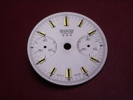 Landeron Chronographen-Zifferblatt, Ø 29mm, silber mit goldfarbigen Inlays, für Kaliber 11, 13, 47, 48, 49 uvm., NOS (New Old Stock) 