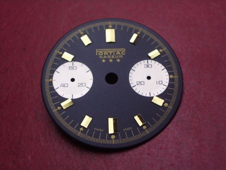 Landeron Chronographen-Zifferblatt, Ø 29mm, schwarz mit goldfarbigen Inlays, für Kaliber 11, 13, 47, 48, 49 uvm., NOS (New Old Stock) 