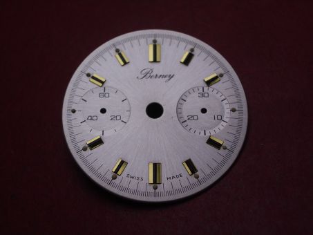 Landeron Chronographen-Zifferblatt, Ø 29mm, silber mit goldfarbigen Inlays, für Kaliber 11, 13, 47, 48, 49 uvm., NOS (New Old Stock) 