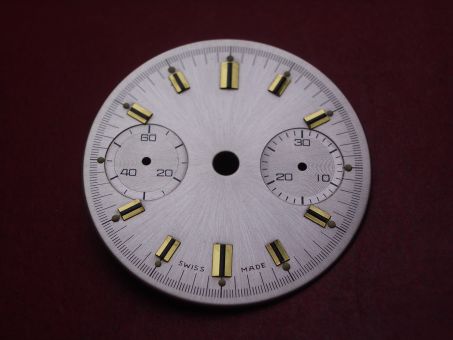 Landeron Chronographen-Zifferblatt, Ø 29mm, silber mit goldfarbigen Inlays, für Kaliber 11, 13, 47, 48, 49 uvm., NOS (New Old Stock) 