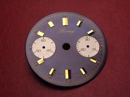 Landeron Chronographen-Zifferblatt, Ø 29mm, dunkelblau mit goldfarbigen Inlays, für Kaliber 11, 13, 47, 48, 49 uvm., NOS (New Old Stock) 