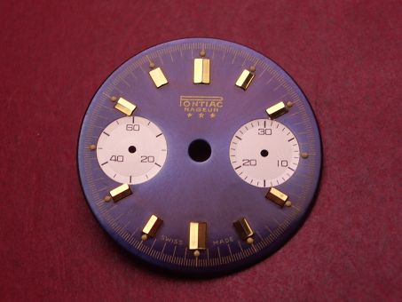 Landeron Chronographen-Zifferblatt, Ø 29mm, dunkelblau mit goldfarbigen Inlays, für Kaliber 11, 13, 47, 48, 49 uvm., NOS (New Old Stock) 