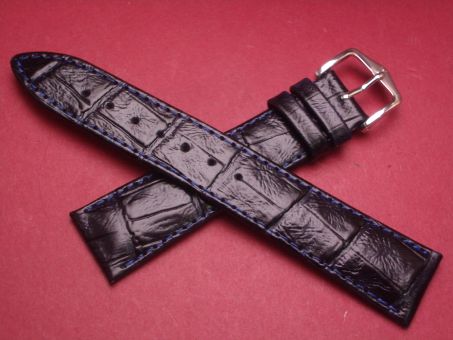 Hirsch Uhren-Armband, Kalbsleder mit Krokoprägung, 19mm im Verlauf auf 16mm, Farbe: schwarz mit blauer Naht weiße Schließe