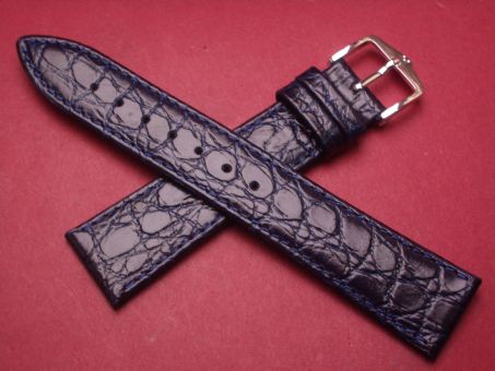 Hirsch Uhren-Armband, Kalbsleder mit Krokoprägung, 19mm im Verlauf auf 16mm, Farbe: dunkelblau weiße Schließe