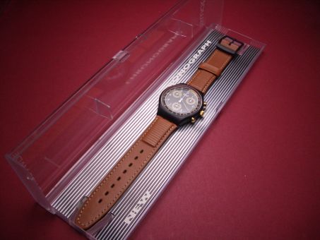Swatch Armbanduhr aus den 90ern, Chronograph, Quarz, Ø 37,3mm, Farben: braun, schwarz, gold, NOS (New Old Stock) Batterie 380 