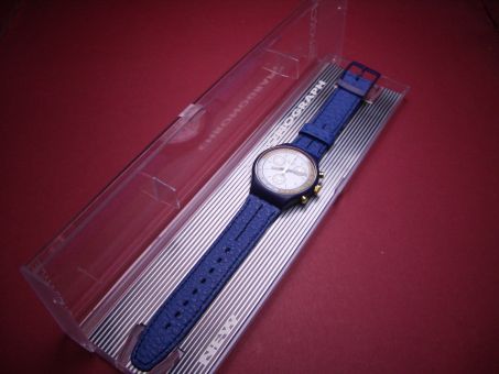 Swatch Armbanduhr aus den 90ern, Chronograph, Quarz, Ø 37,3mm, Farben: blau, weiß, gold, NOS (New Old Stock) Batterie 380 