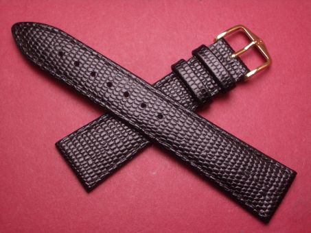 Hirsch Uhren-Armband, Kalbsleder mit Eidechsenprägung, 20mm im Verlauf auf 18mm, Farbe: schwarz weiße Schließe