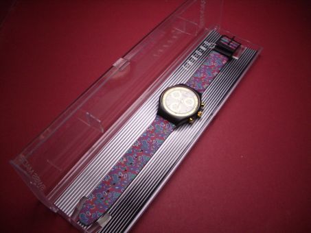 Swatch Armbanduhr aus den 90ern, Chronograph, Quarz, Ø 37,3mm, Farben: blau, grün, lila, schwarz, gold, creme, NOS (New Old Stock) Batterie 380 