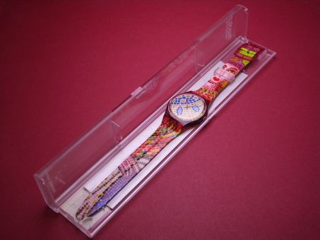 Swatch Armbanduhr aus den 90ern, Quarz, Ø 38,9mm, Farben: rot, bunt, NOS (New Old Stock) Batterie 380 