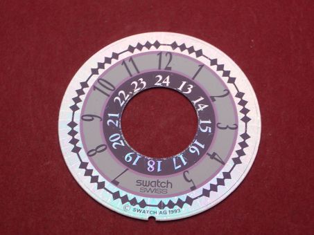 Swatch Zifferblatt, Ø 28,9mm, Farben: silber (reflektiert), blau, lila, NOS (New Old Stock) 