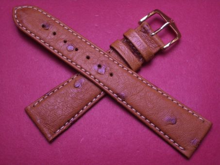 Hirsch Uhren-Armband, Straußleder, 20mm im Verlauf auf 16mm, Farbe: braun mit heller Naht 