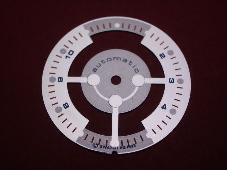 Swatch Zifferblatt, für Automatik, Ø 28,9mm, Farben: silber, blau, orange, NOS (New Old Stock) 