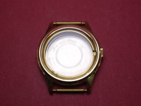 Uhrengehäuse, vergoldet, Stahlboden, Anstoßbreite 18mm, Außen-Ø 35mm, Innen-Ø 25,6mm 