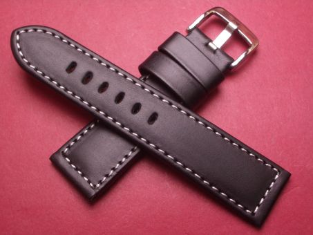 Leder-Armband, Kalbsleder, 22mm im Verlauf auf 20mm, Farbe: schwarz mit weißer Naht 