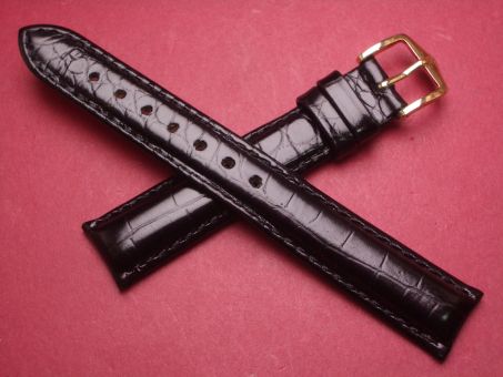 Hirsch Uhren-Armband, Kalbsleder mit Krokoprägung, 16mm im Verlauf auf 14mm, Farbe: schwarz 