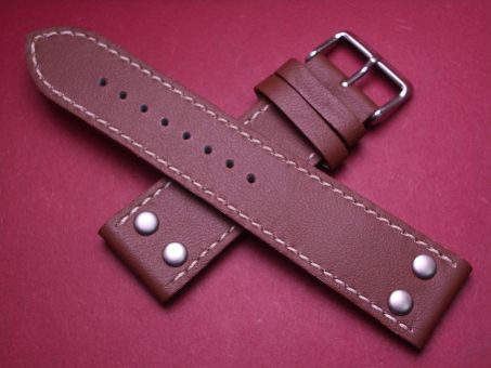 Leder-Armband, Kalbsleder mit Niete, 24mm im Verlauf auf 22mm, Farbe: braun mit weißer Naht 