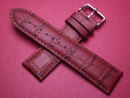 Leder-Armband, Kalbsleder mit Krokoprägung, 24mm im Verlauf auf 22mm, Farbe: rot-braun 