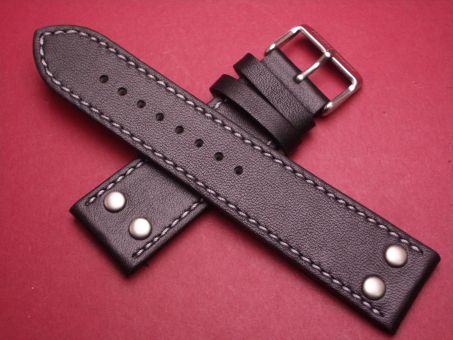 Leder-Armband, Kalbsleder mit Nieten, 24mm im Verlauf auf 22mm, Farbe: schwarz mit weißer Naht 