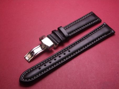 Leder-Armband, 20mm im Verlauf auf 18mm, Farbe: schwarz mit weißer Naht, mit Faltschließe, XL-Länge 