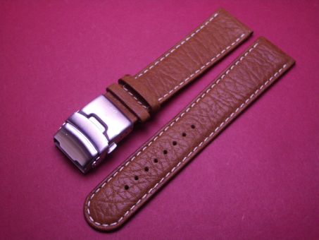 Leder-Armband, Kalbsleder, 22mm im Verlauf auf 20mm, Farbe: braun mit weißer Naht, mit Sicherheitsfaltschließe 