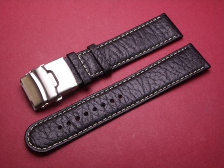 Leder-Armband, Kalbsleder, 22mm im Verlauf auf 20mm, Farbe: schwarz mit weißer Naht, mit Sicherheitsfaltschließe 