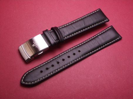 Leder-Armband, 20mm im Verlauf auf 18mm, Farbe: schwarz mit weißer Naht, mit Faltschließe 