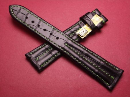 Louisiana Krokodil-Leder-Armband, 21mm im Verlauf auf 17mm, signiert: Chronoswiss, Farbe: schwarz mit grüner Naht 