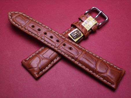 Louisiana Krokodil-Leder-Armband, 20mm im Verlauf auf 16mm, Farbe: braun mit weißer Naht 