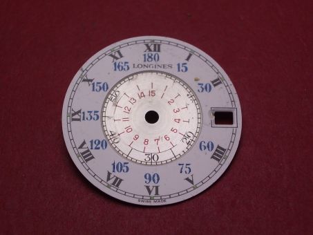 Longines Zifferblatt, Ø 25,5mm, silber/weiß/blau/rot/schwarz, leicht beschädigt 