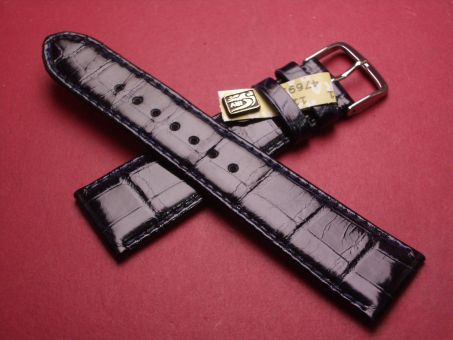 Louisiana Krokodil-Leder-Armband, 22mm auf 18mm, Farbe: schwarz glänzend mit blauer Naht 