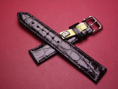 Louisiana Krokodil-Leder-Armband, 18mm im Verlauf auf 16mm an der Schließe, Farbe: schwarz glänzend 