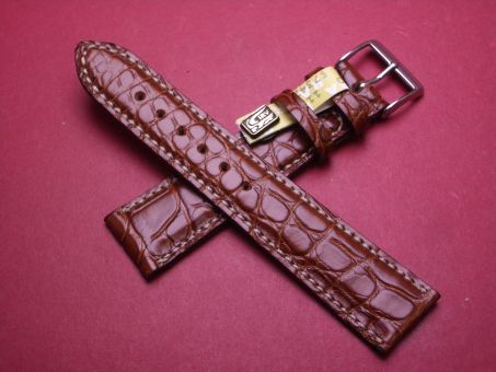 Louisiana Krokodil-Leder-Armband, 20mm im Verlauf auf 18mm an der Schließe, Farbe: braun mit heller Naht 