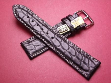 Louisiana Krokodil-Leder-Armband, 22mm im Verlauf auf 20mm an der Schließe, Farbe: schwarz mit heller Naht 