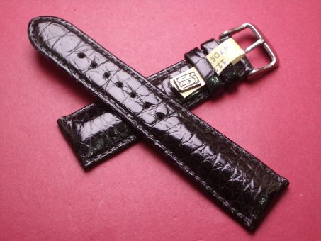 Louisiana Krokodil-Leder-Armband, 22mm im Verlauf auf 18mm an der Schließe, Farbe: schwarz glänzend 
