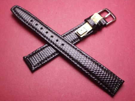Leder-Armband, Eidechse, 16mm im Verlauf auf 14mm an der Schließe, Farbe: schwarz glänzend, XL-Länge 