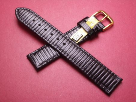 Leder-Armband, Eidechse, 17mm im Verlauf auf 16mm an der Schließe, Farbe: schwarz glänzend 