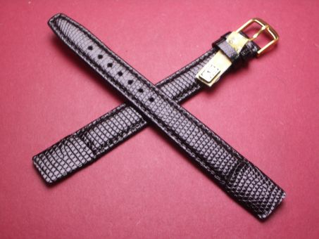 Leder-Armband, Eidechse, 16mm im Verlauf auf 14mm an der Schließe, Farbe: schwarz glänzend, für feste Stege, XL-Länge 