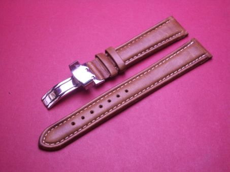 Leder-Armband, Kalbsleder, 20mm im Verlauf auf 18mm, Farbe: braun mit heller Naht, mit Faltschließe, XL-Länge 