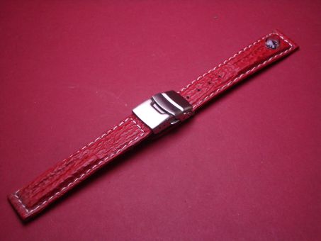 Lederarmband, Kalb mit Haifischprägung, 20mm im Verlauf auf 18mm, Farbe: rot mit weißen Nähten, mit integriertem Kompass und Faltschließe 