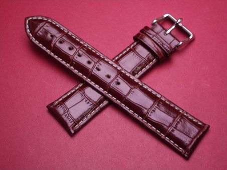 Leder-Armband, Kalbsleder mit Krokoprägung, 22mm im Verlauf auf 20mm, Farbe: dunkelbraun glänzend mit heller Naht 