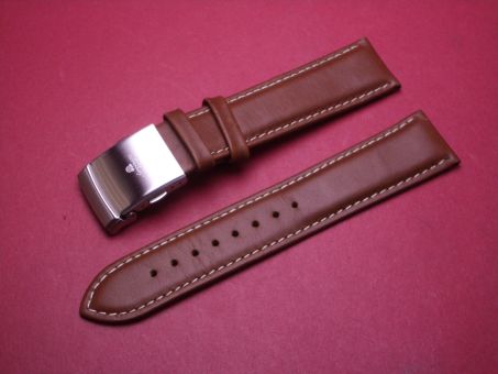 Leder-Armband, Kalbsleder, 22mm im Verlauf auf 20mm, Farbe: braun mit heller Naht, mit Faltschließe 