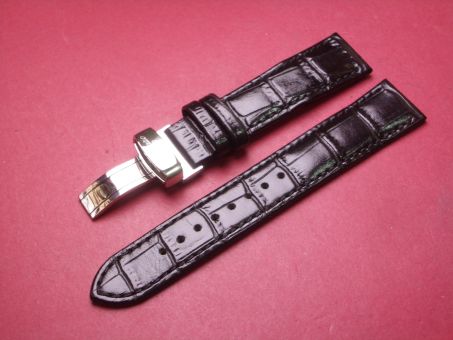 Leder-Armband, Kalbsleder mit Krokoprägung, 20mm im Verlauf auf 18mm, Farbe: schwarz glänzend, mit Faltschließe 