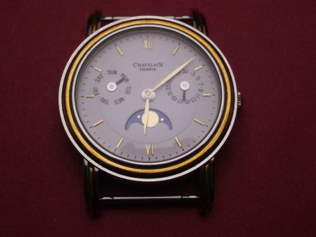 Komplette Uhr, Chatelain mit Datum-, Tag- und Mondphasenanzeige, Uhrwerk JLC 888, Rotor Jucien Rochat signiert 
